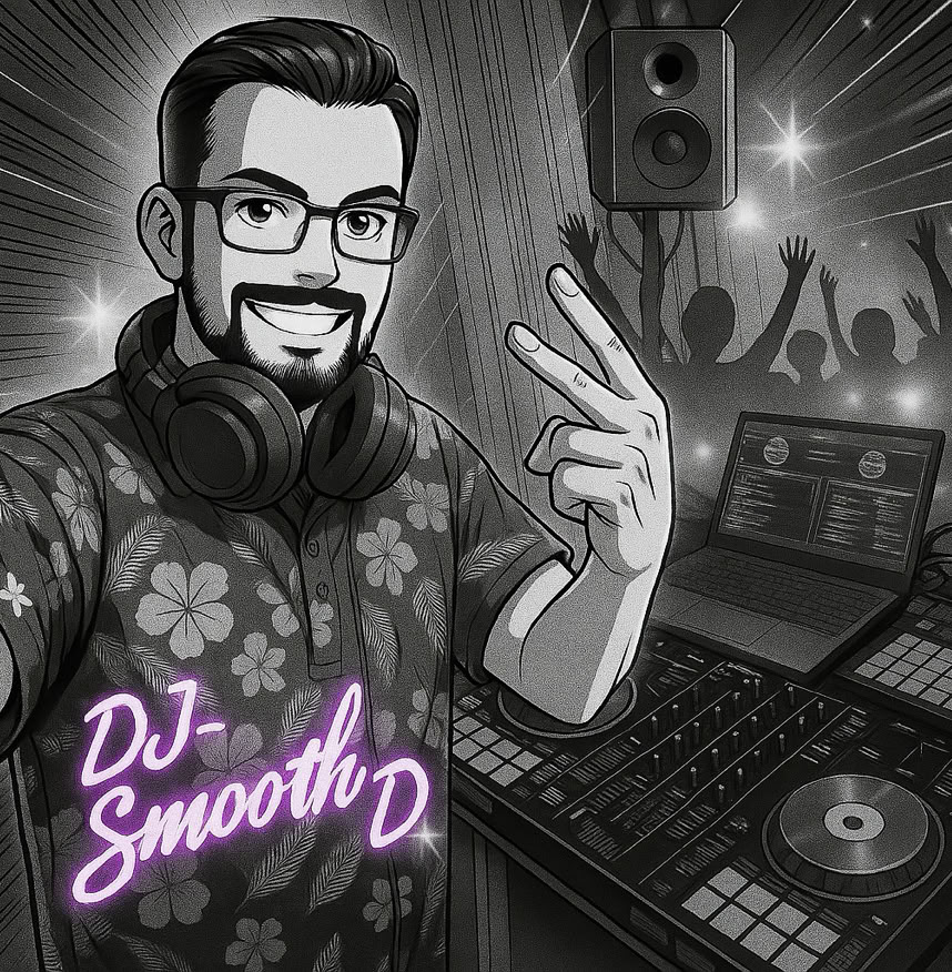 Ein DJ bedient Audiomixer und Laptop für einen Live-Auftritt bei einer Indoor-Veranstaltung.